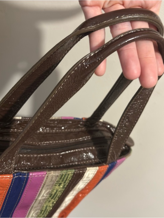 Y2K Vintage Colorful Striped Tote Bag Purse Brown Faux Patent Leather Trim Small - Picture 9 of 10